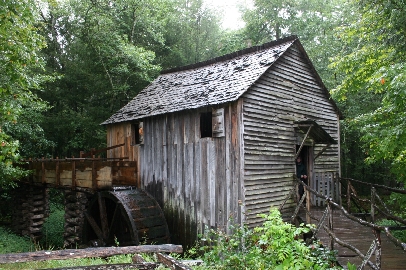 Cable Mill, the historic wooden water-powered gristmill on the Cades Cove Loop Road in Great Smoky Mountains National Park, with its overshot wheel and millrace