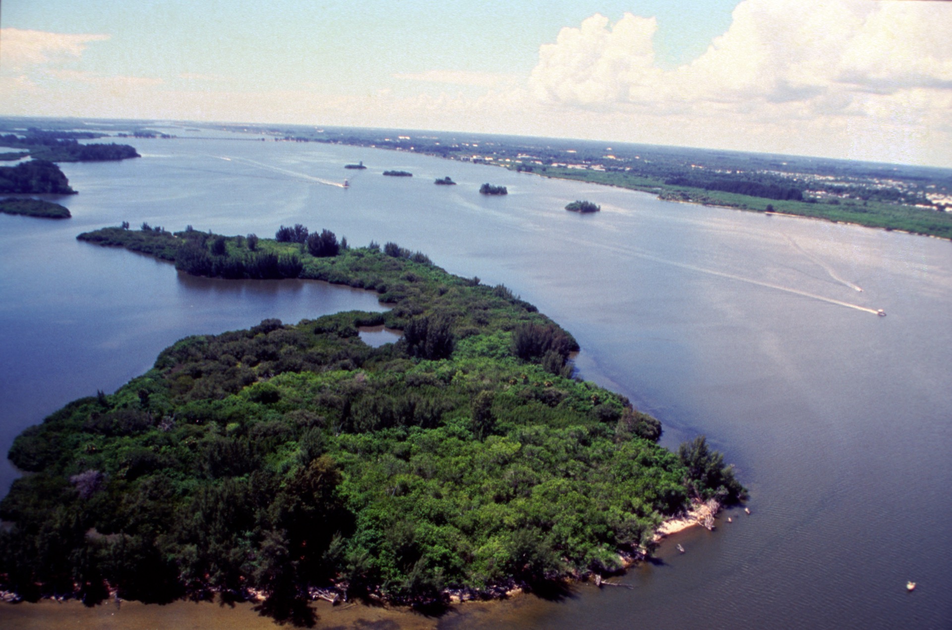 Aerial view of the Indian River Lagoon, the estuary the Environmental Learning Center sits on in Vero Beach, Florida