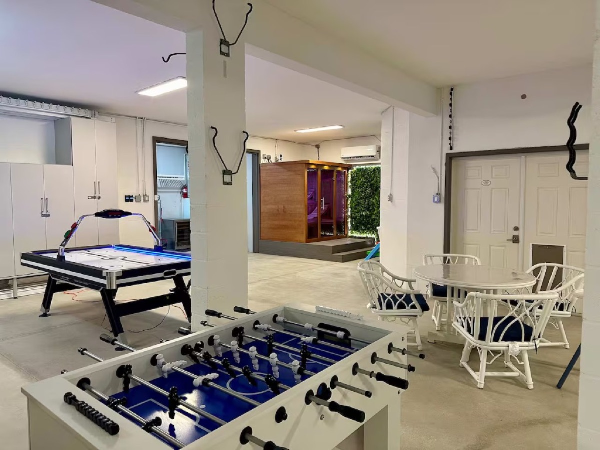 The downstairs game room and arcade