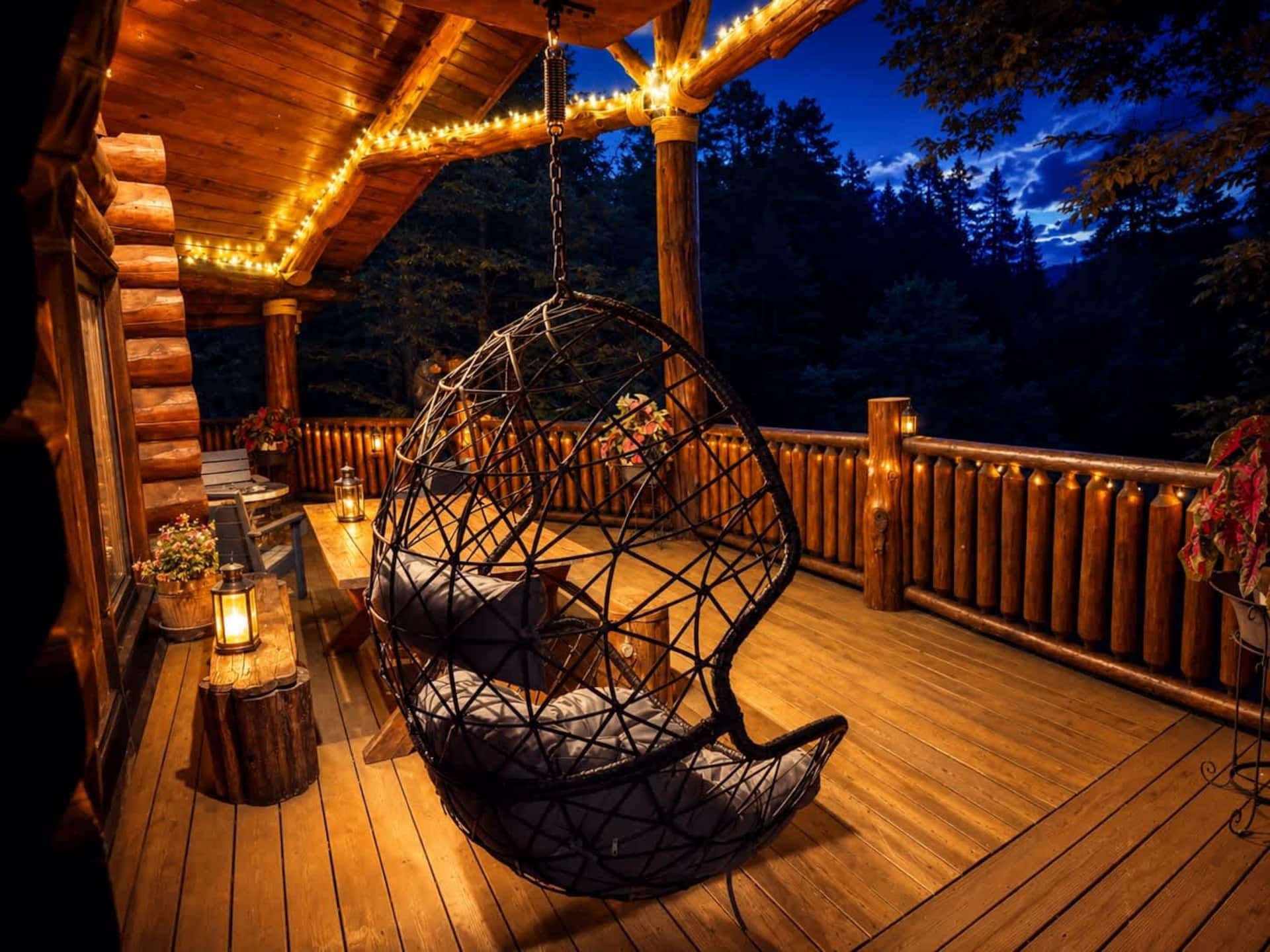 Deck lit up in the evening for outdoor gathering